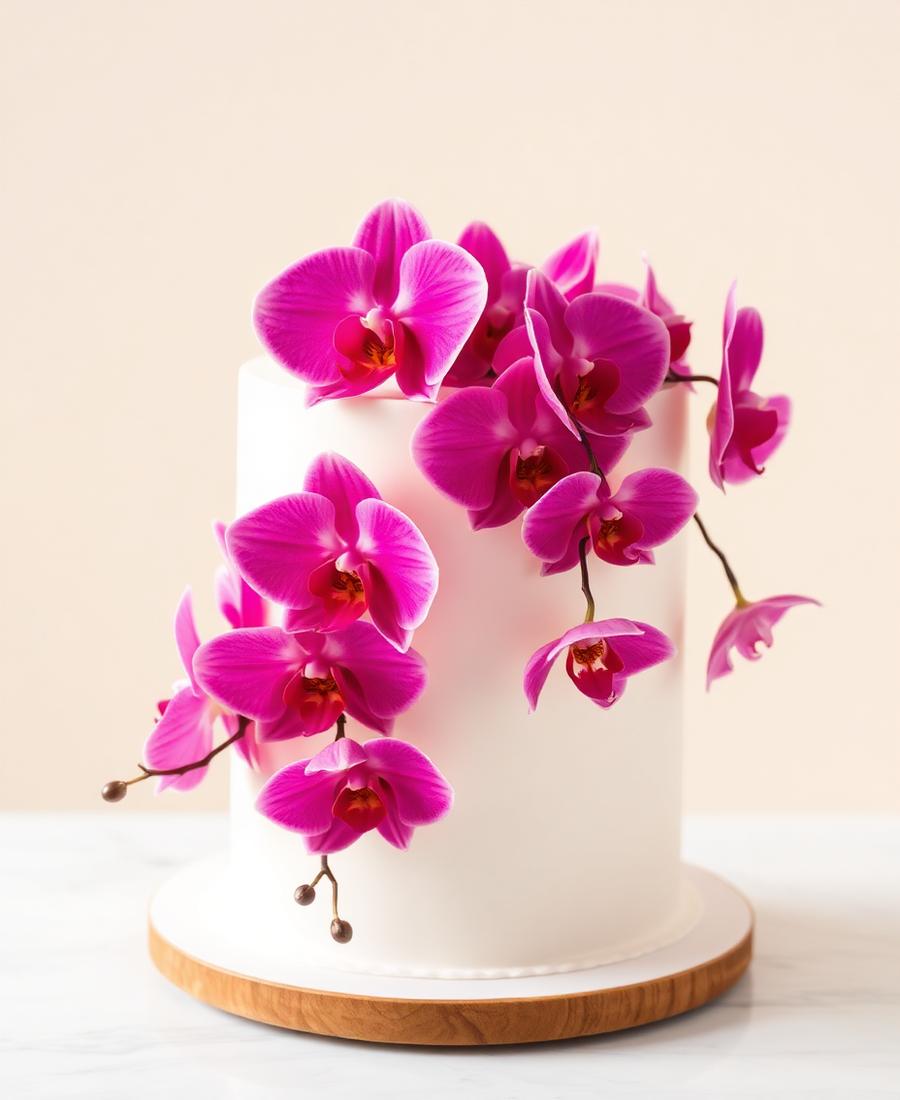White cake with deep-pink orchids