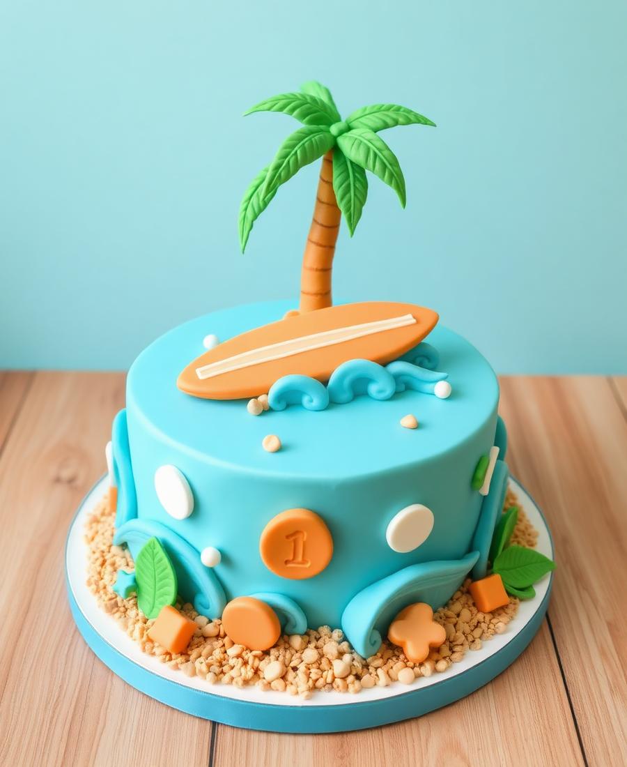 Tropical surf-themed first birthday cake